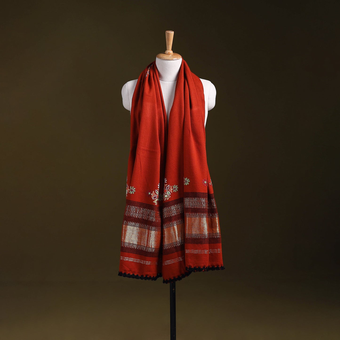 Red - kutch ahir hand embroidery mirror work woollen shawl