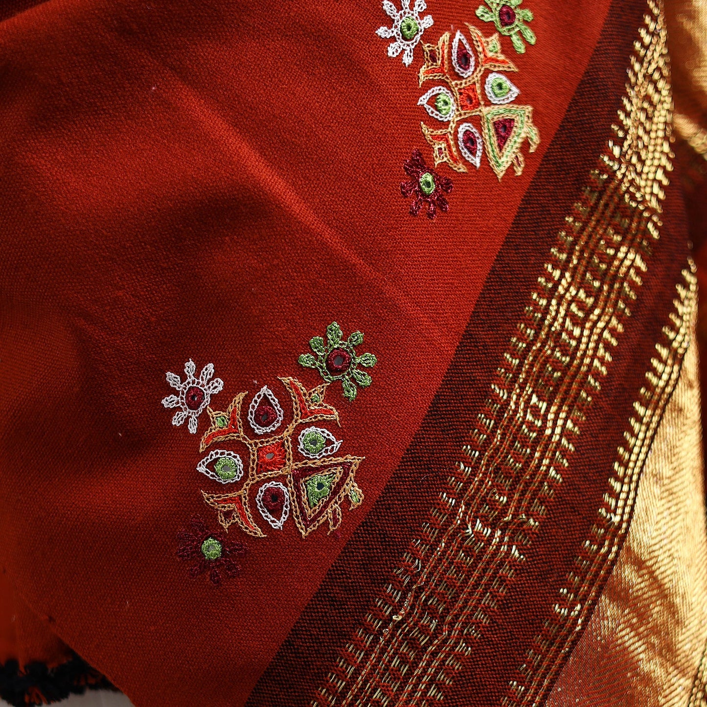 Red - kutch ahir hand embroidery mirror work woollen shawl