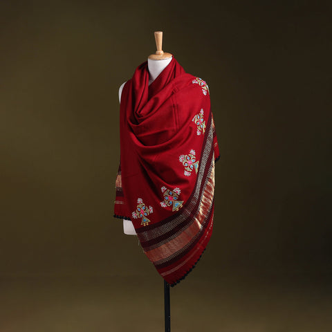 Red - kutch ahir hand embroidery mirror work woollen shawl