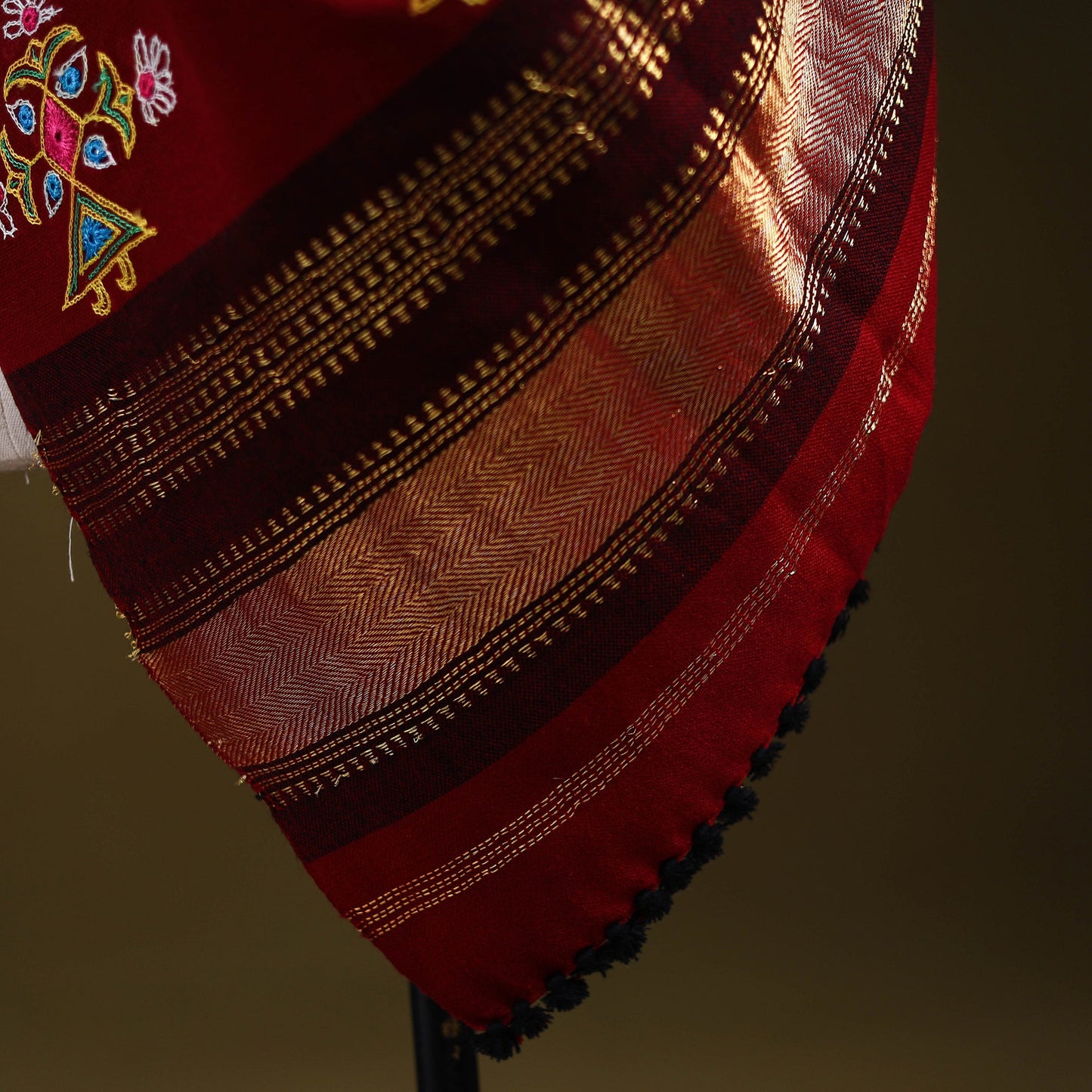 Red - kutch ahir hand embroidery mirror work woollen shawl