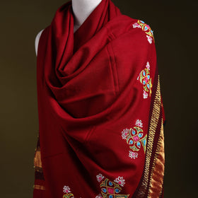 Red - kutch ahir hand embroidery mirror work woollen shawl