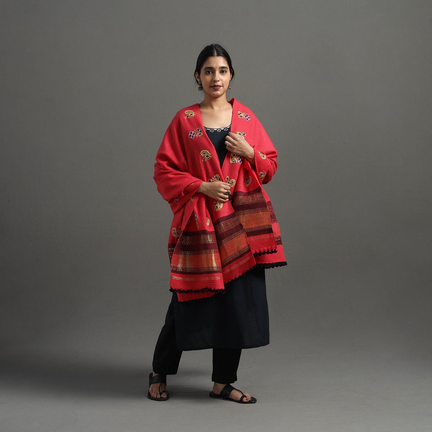  Red Kutch Ahir Hand Embroidery Woollen Shawl