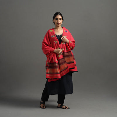  Red Kutch Ahir Hand Embroidery Woollen Shawl