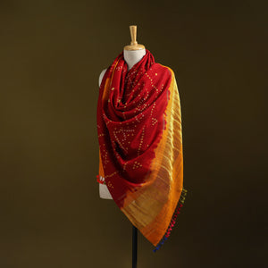 Kutch bandhani handwoven merino wool shawl with zari patta