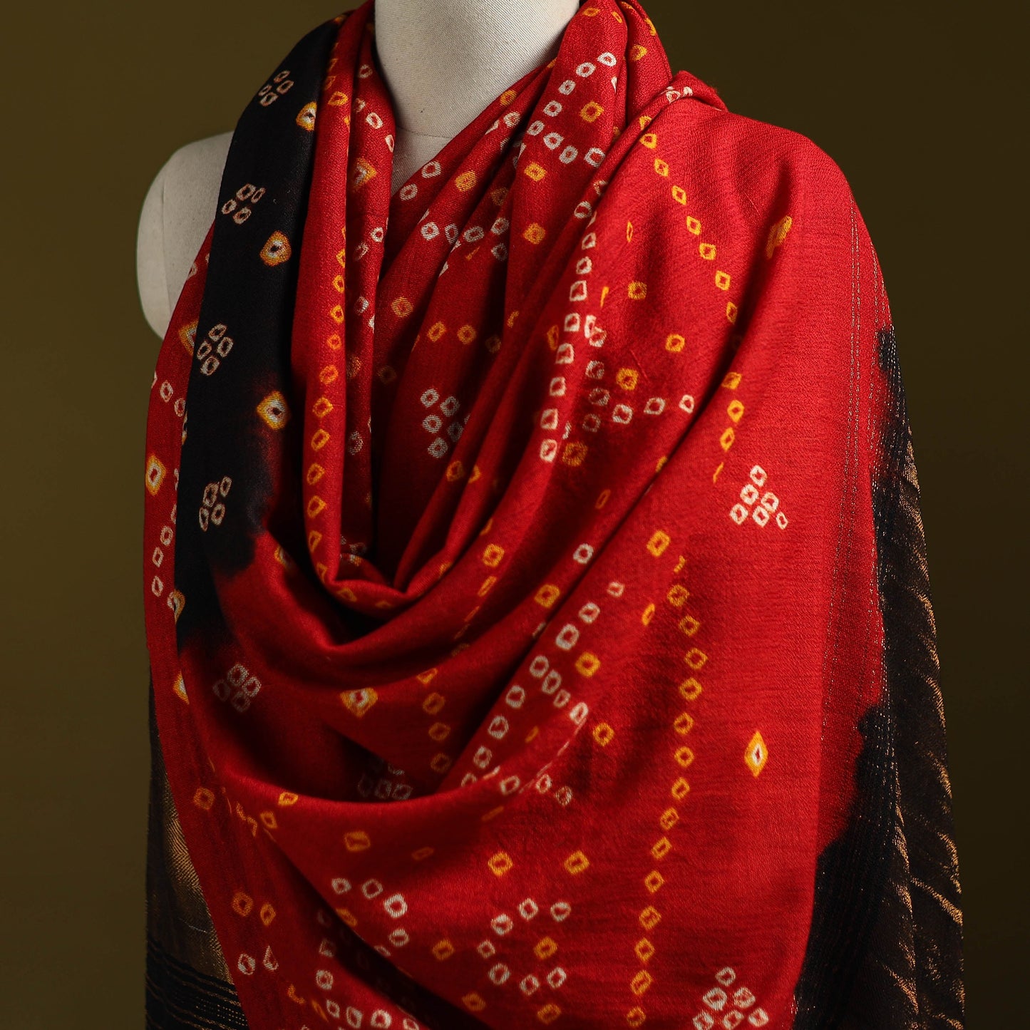 Kutch bandhani handwoven merino wool shawl with zari patta