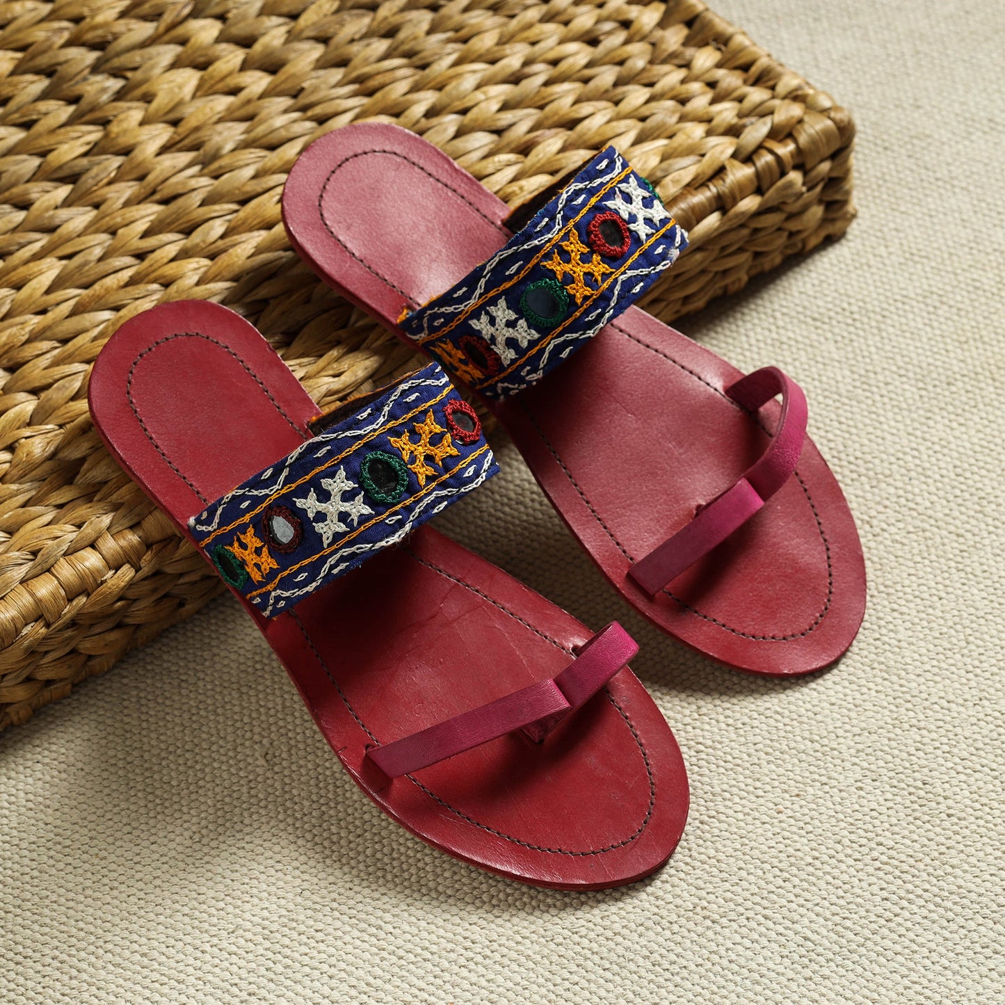 Red Kutch Embroidery Handstitched Leather Flat Slippers