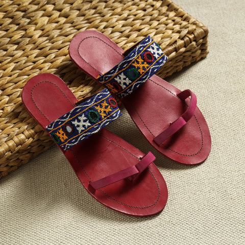 Red Kutch Embroidery Handstitched Leather Flat Slippers