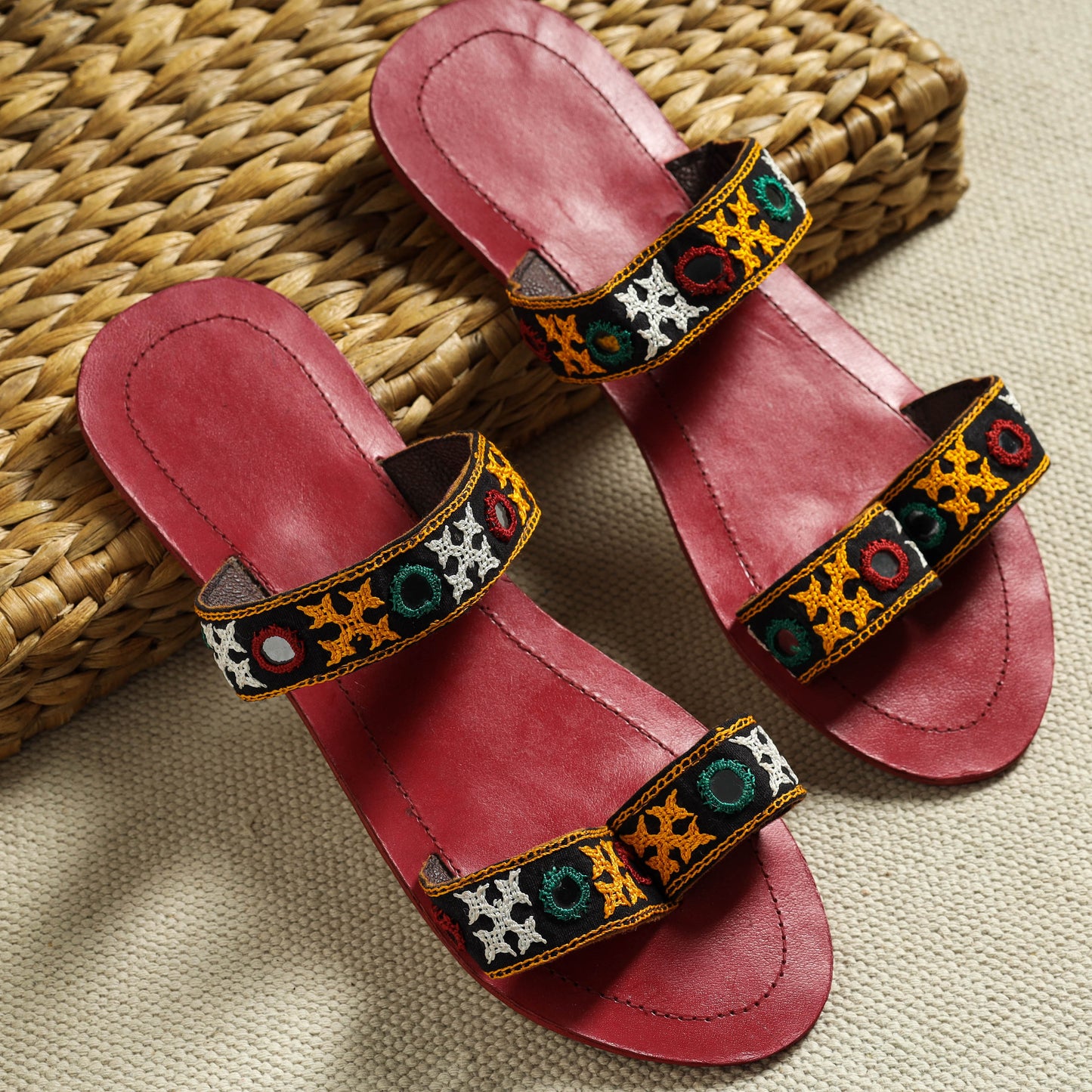 Red Kutch Embroidery Handstitched Leather Flat Slippers
