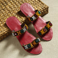 Red Kutch Embroidery Handstitched Leather Flat Slippers