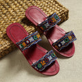 Red Kutch Embroidery Handstitched Leather Flat Slippers