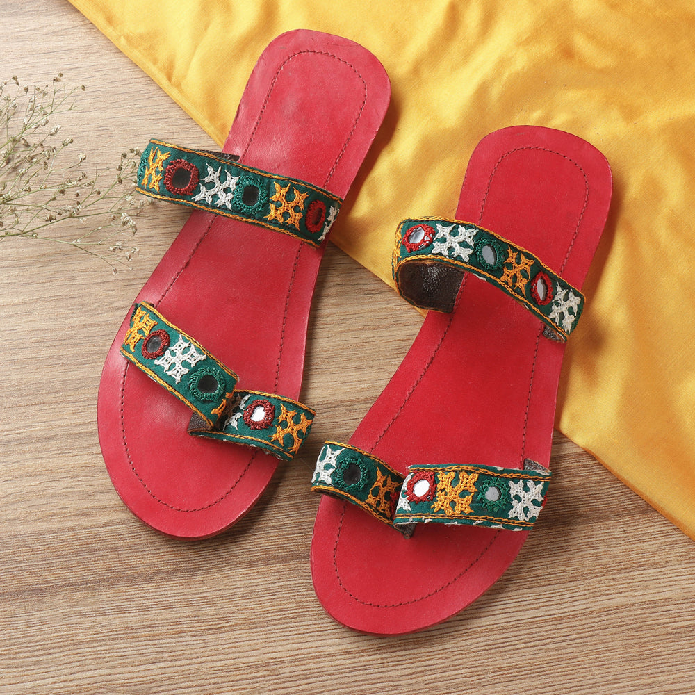 Red Kutch Embroidery Handstitched Leather Flat Slippers