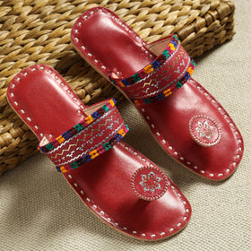 Red Kutch Embroidery Handstitched Leather Flat Slippers