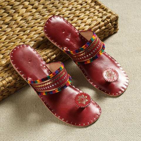 Red Kutch Embroidery Handstitched Leather Flat Slippers