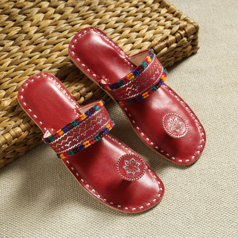 Red Kutch Embroidery Handstitched Leather Flat Slippers