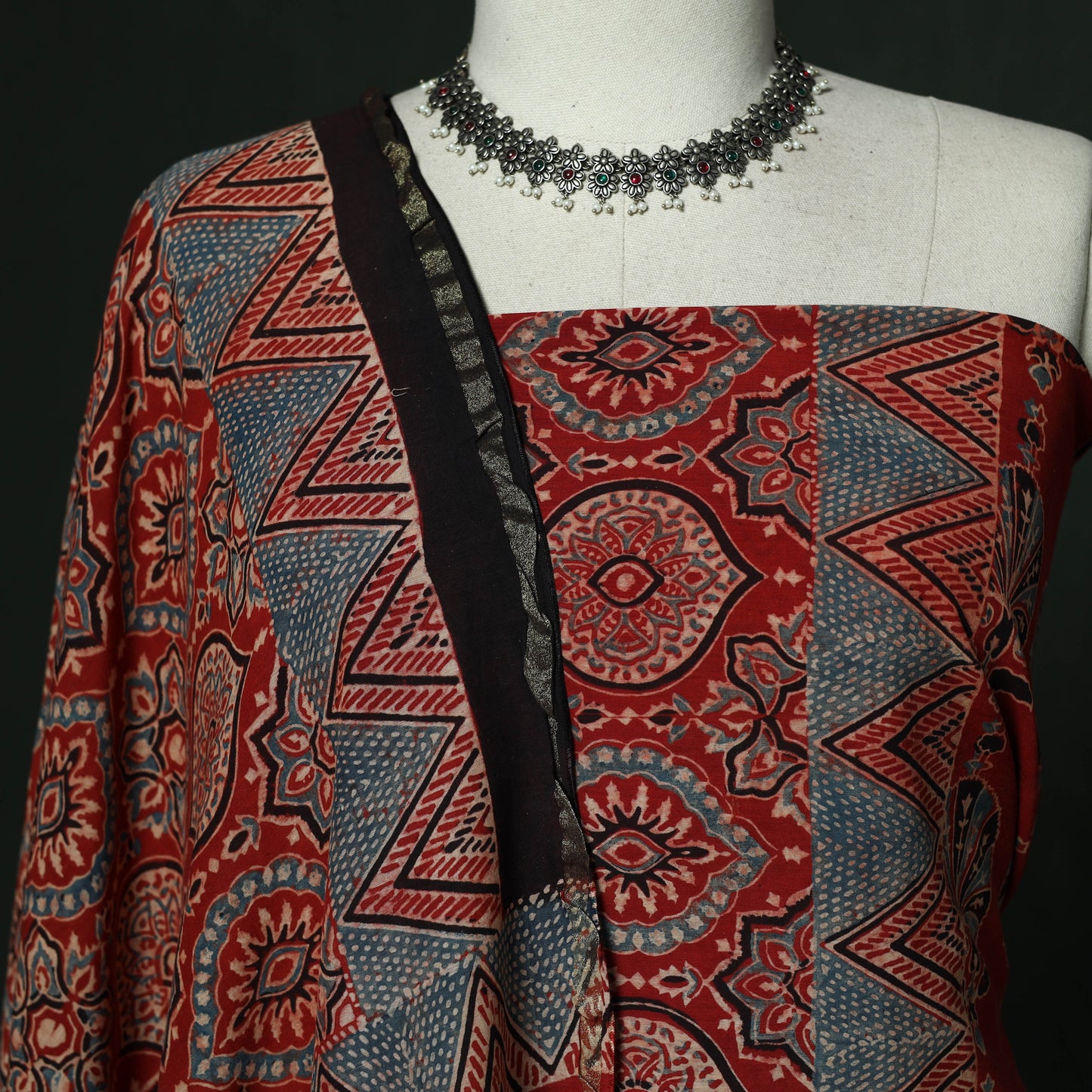 Kutch hand block ajrakh print natural dyed chanderi silk