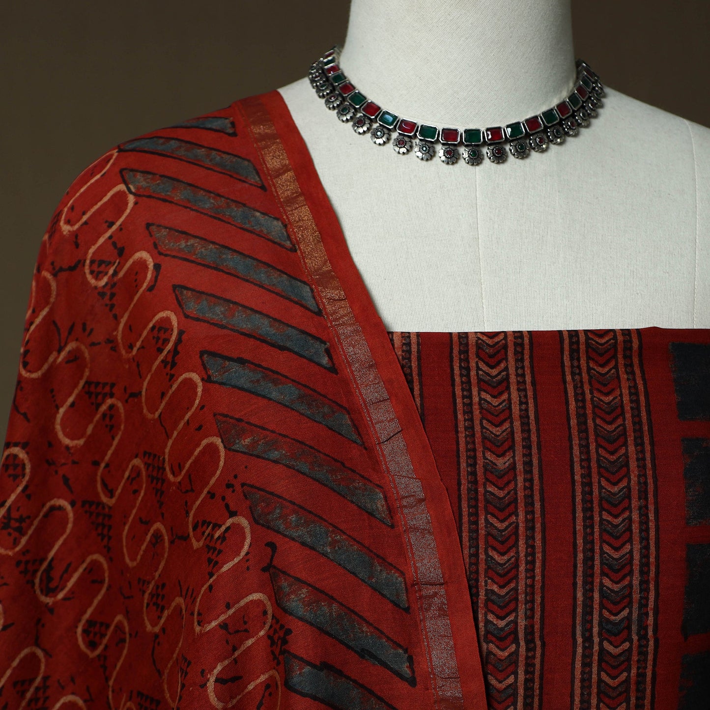 Kutch hand block ajrakh print natural dyed chanderi silk