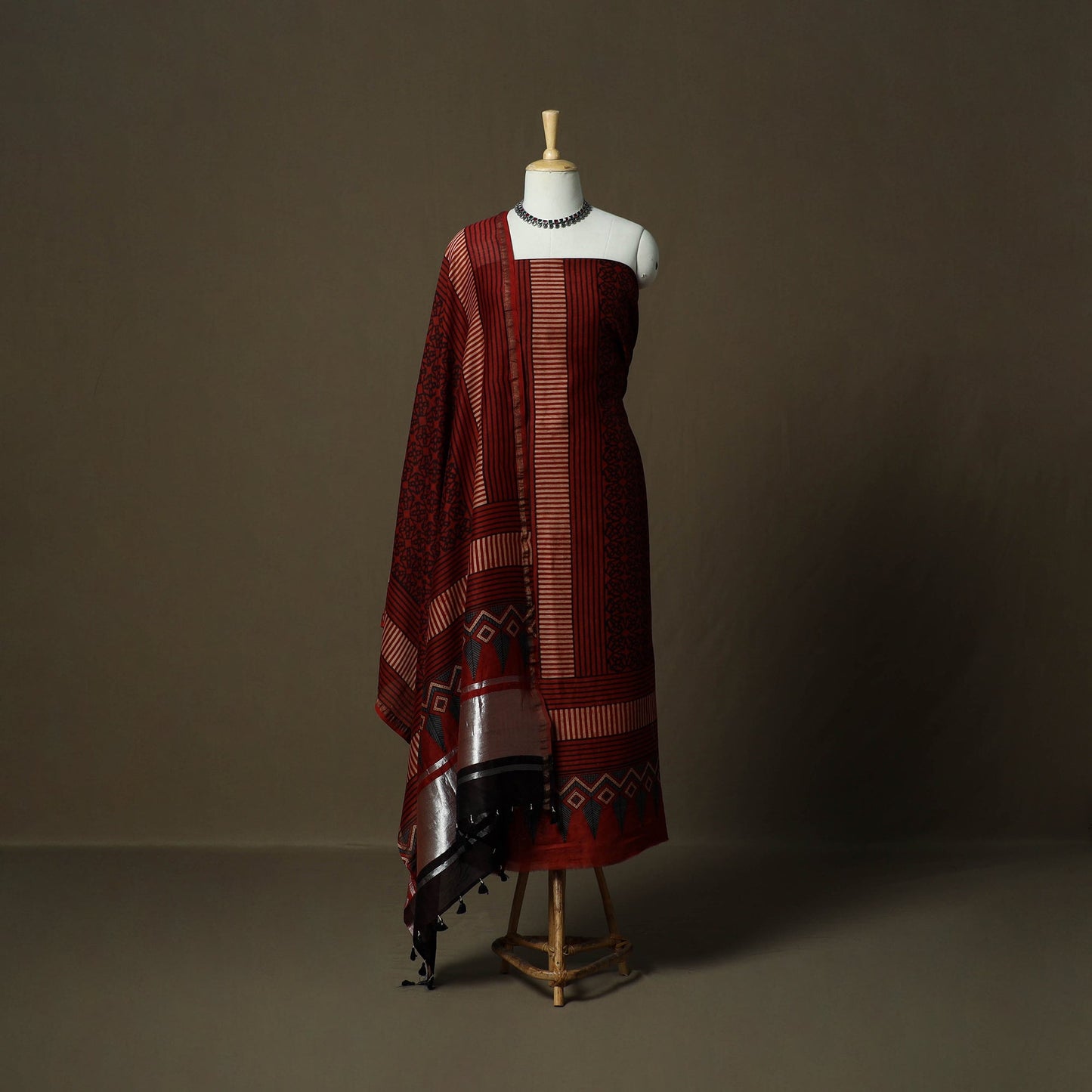 Kutch hand block ajrakh print natural dyed chanderi silk