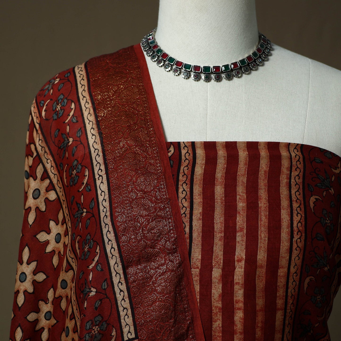 Kutch hand block ajrakh print natural dyed chanderi silk