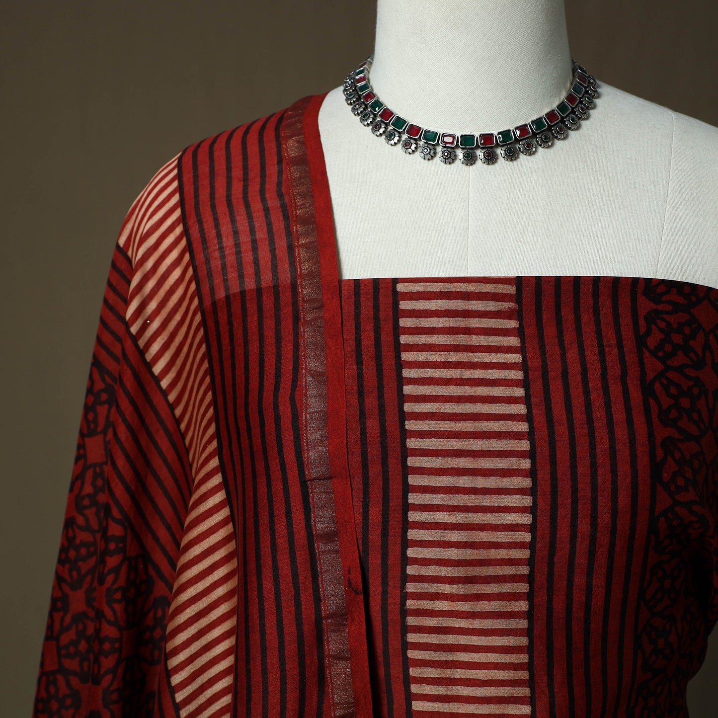 Kutch hand block ajrakh print natural dyed chanderi silk