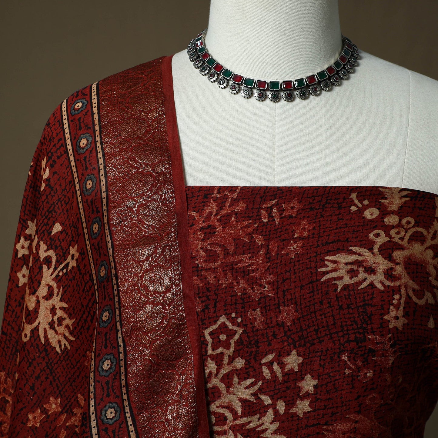 Kutch hand block ajrakh print natural dyed chanderi silk