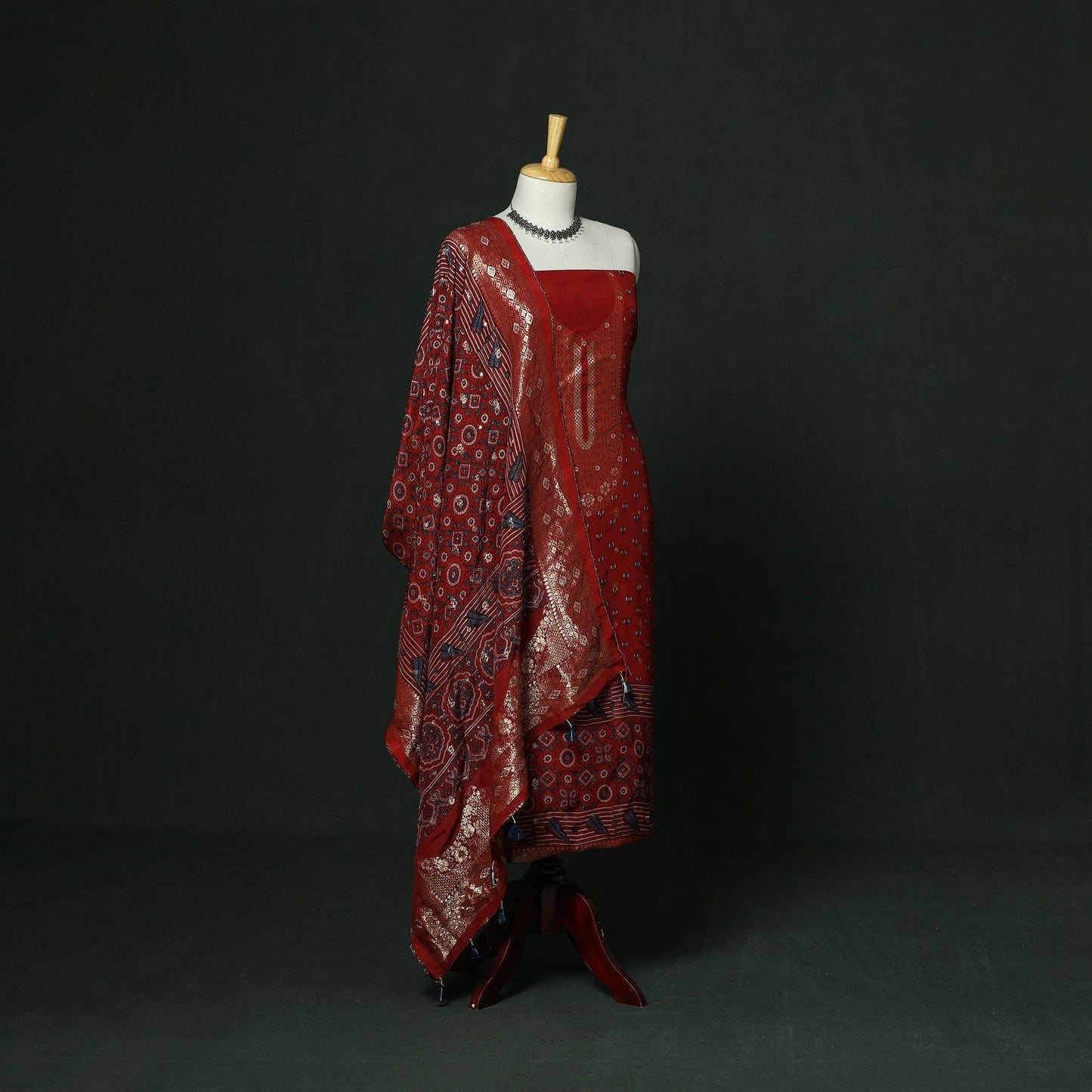 Kutch hand block ajrakh print natural dyed dola silk zari