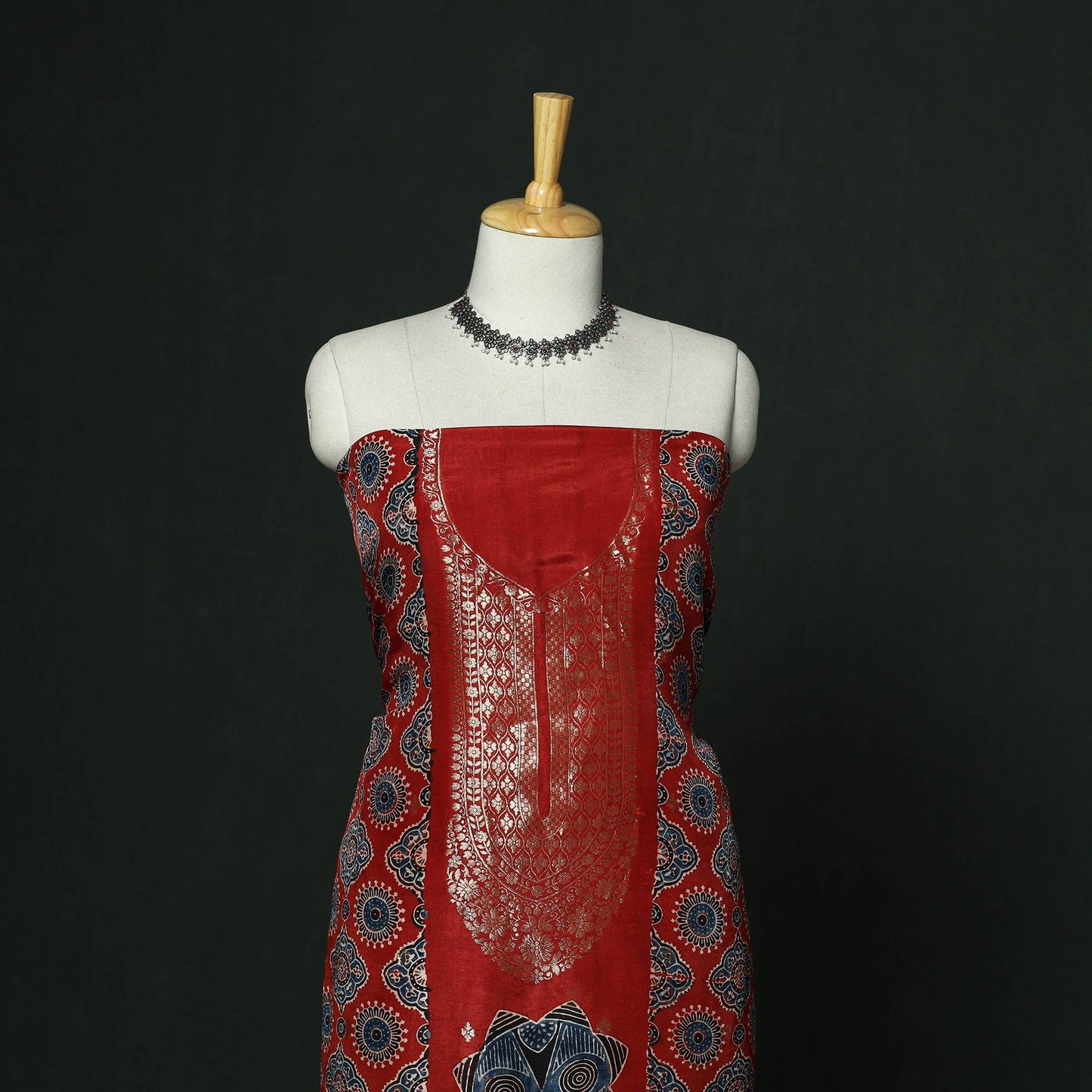 Kutch hand block ajrakh print natural dyed dola silk zari