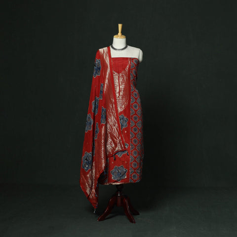 Kutch hand block ajrakh print natural dyed dola silk zari