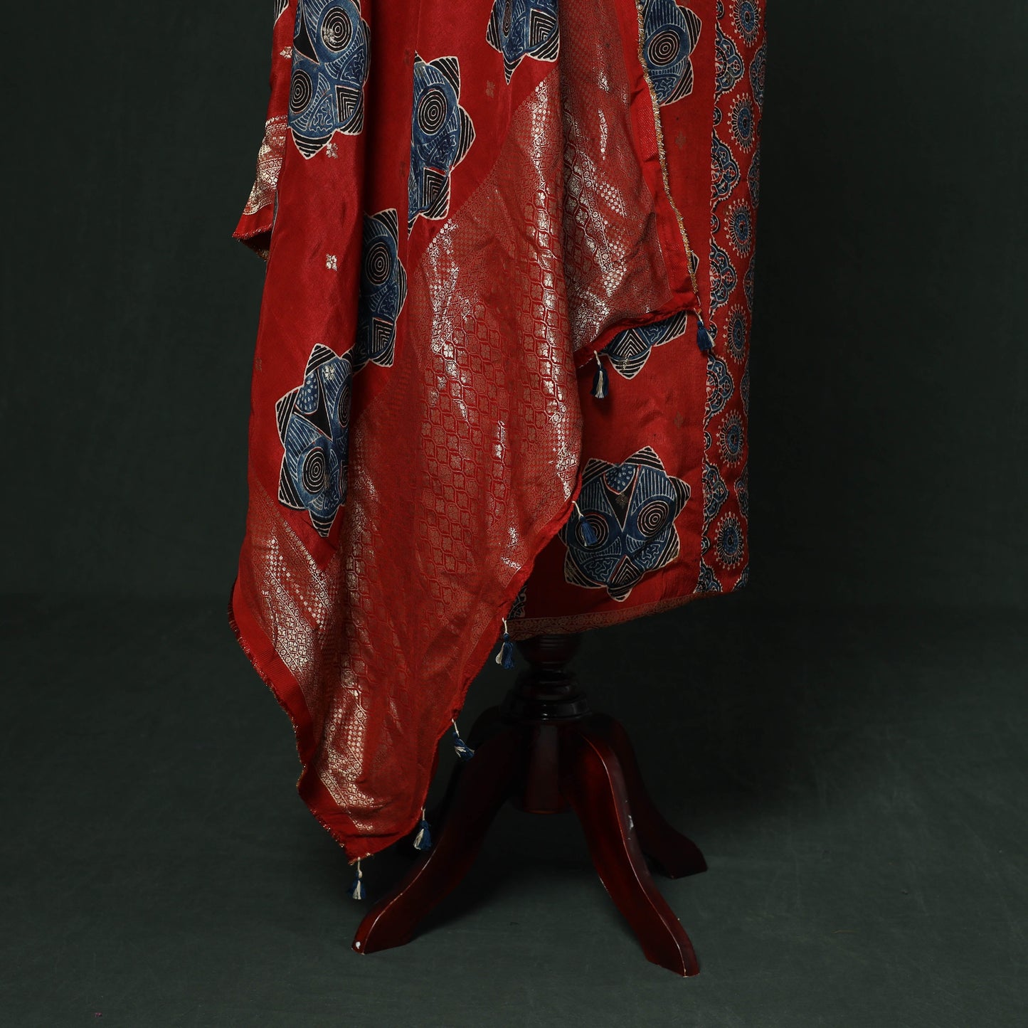 Kutch hand block ajrakh print natural dyed dola silk zari