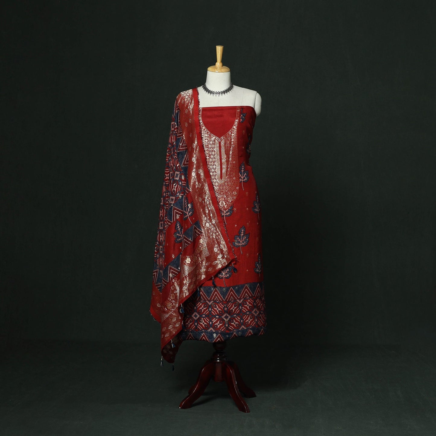 Kutch hand block ajrakh print natural dyed dola silk zari