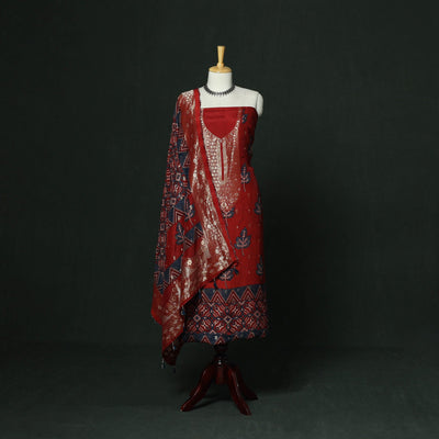 Kutch hand block ajrakh print natural dyed dola silk zari