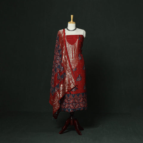 Kutch hand block ajrakh print natural dyed dola silk zari