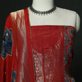 Kutch hand block ajrakh print natural dyed dola silk zari