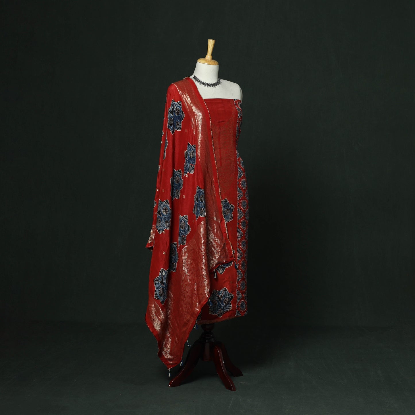 Kutch hand block ajrakh print natural dyed dola silk zari