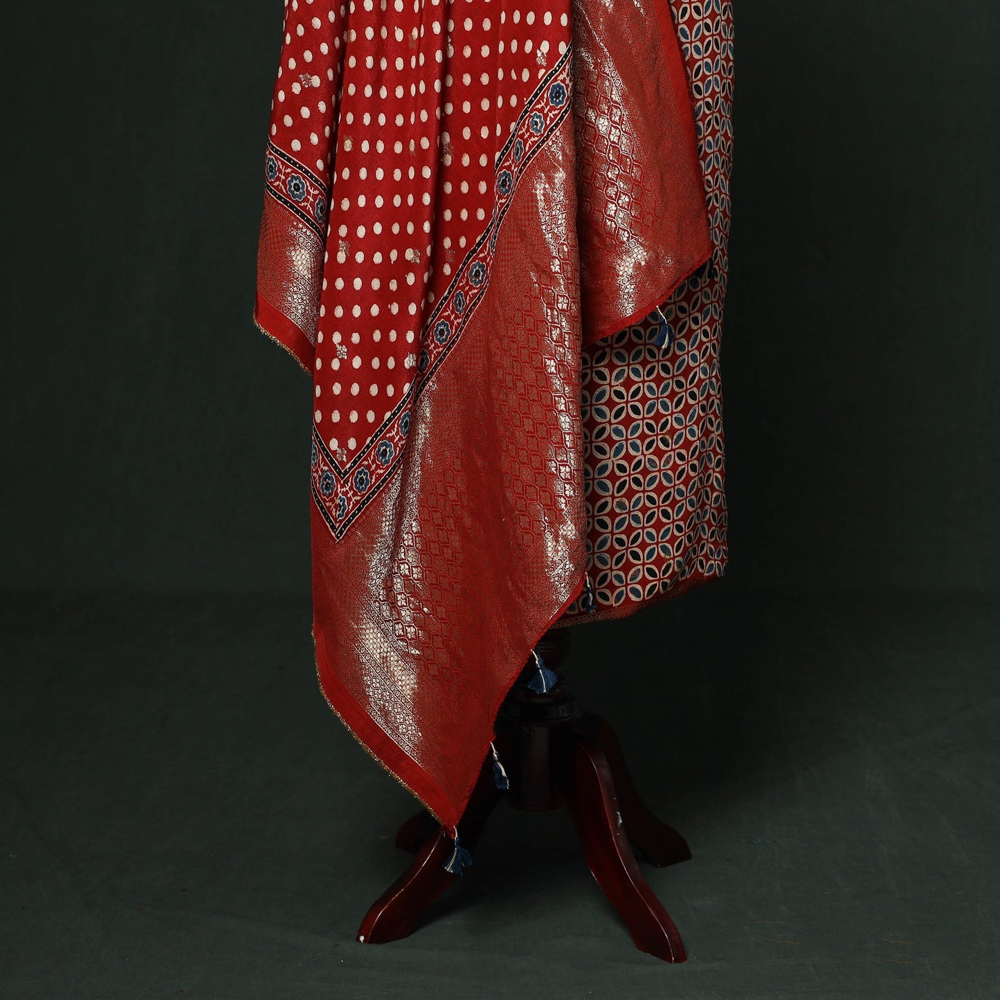 Kutch hand block ajrakh print natural dyed dola silk zari