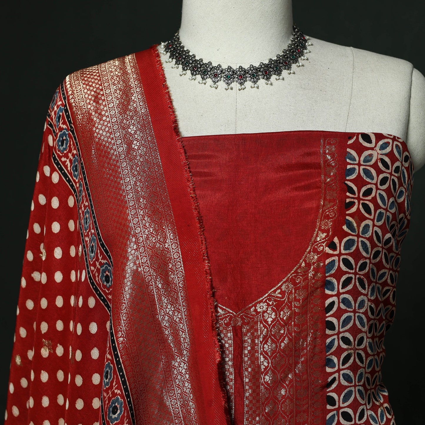 Kutch hand block ajrakh print natural dyed dola silk zari