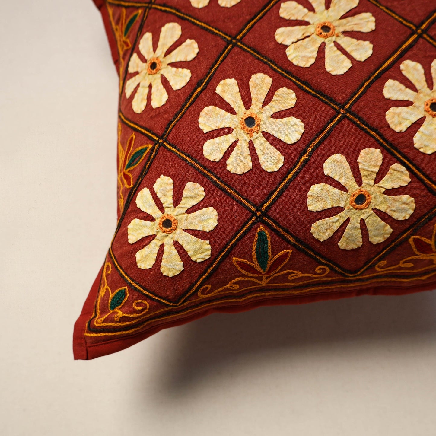 Kutch hand embroidery quilted applique flower cushion cover