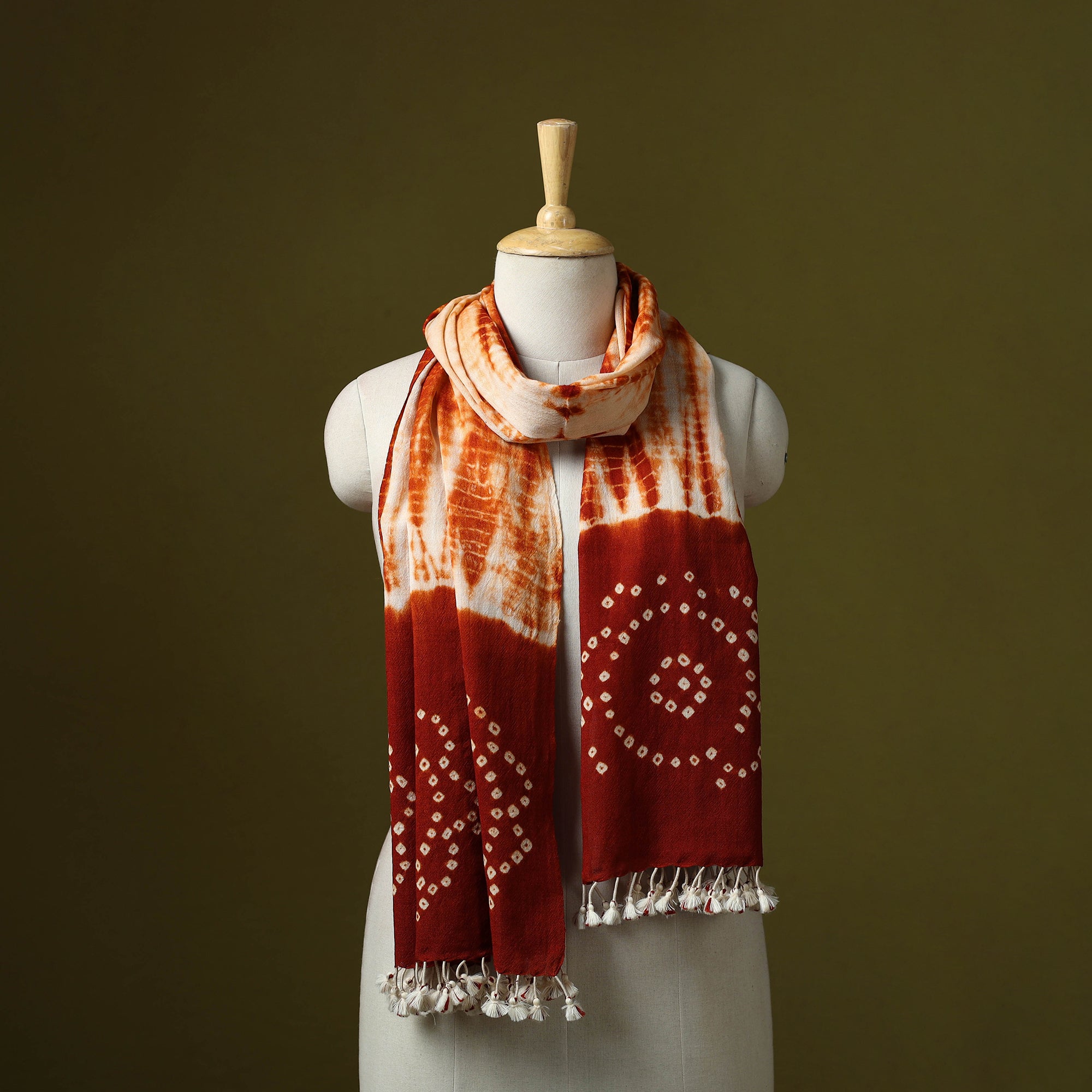 Brown - Kutch Handwoven Tie & dye Merino Wool Bandhani Stole
