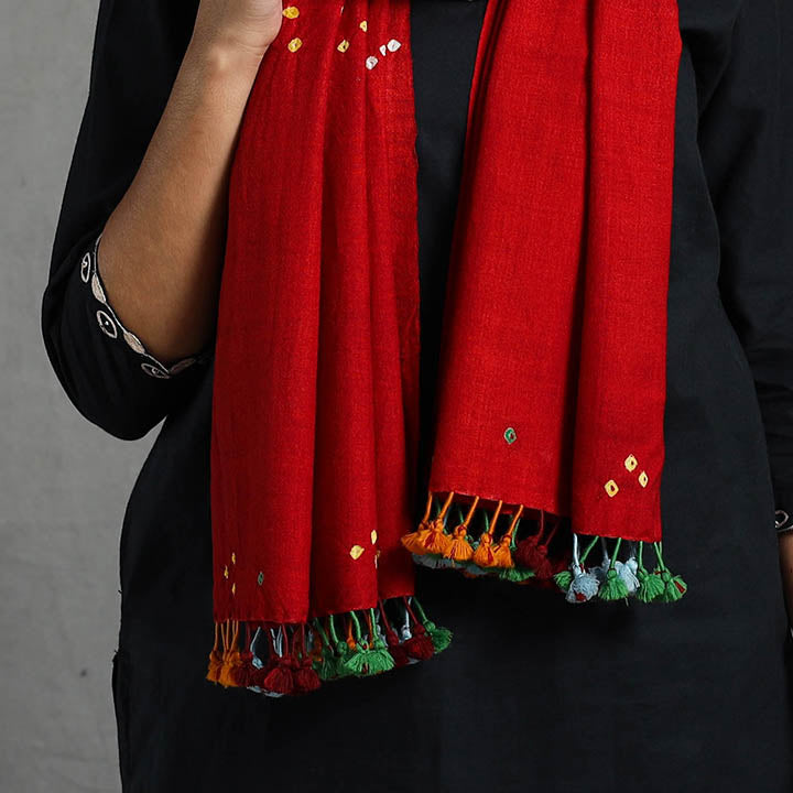  Red Kutch Handwoven Merino Wool Bandhani Stole 