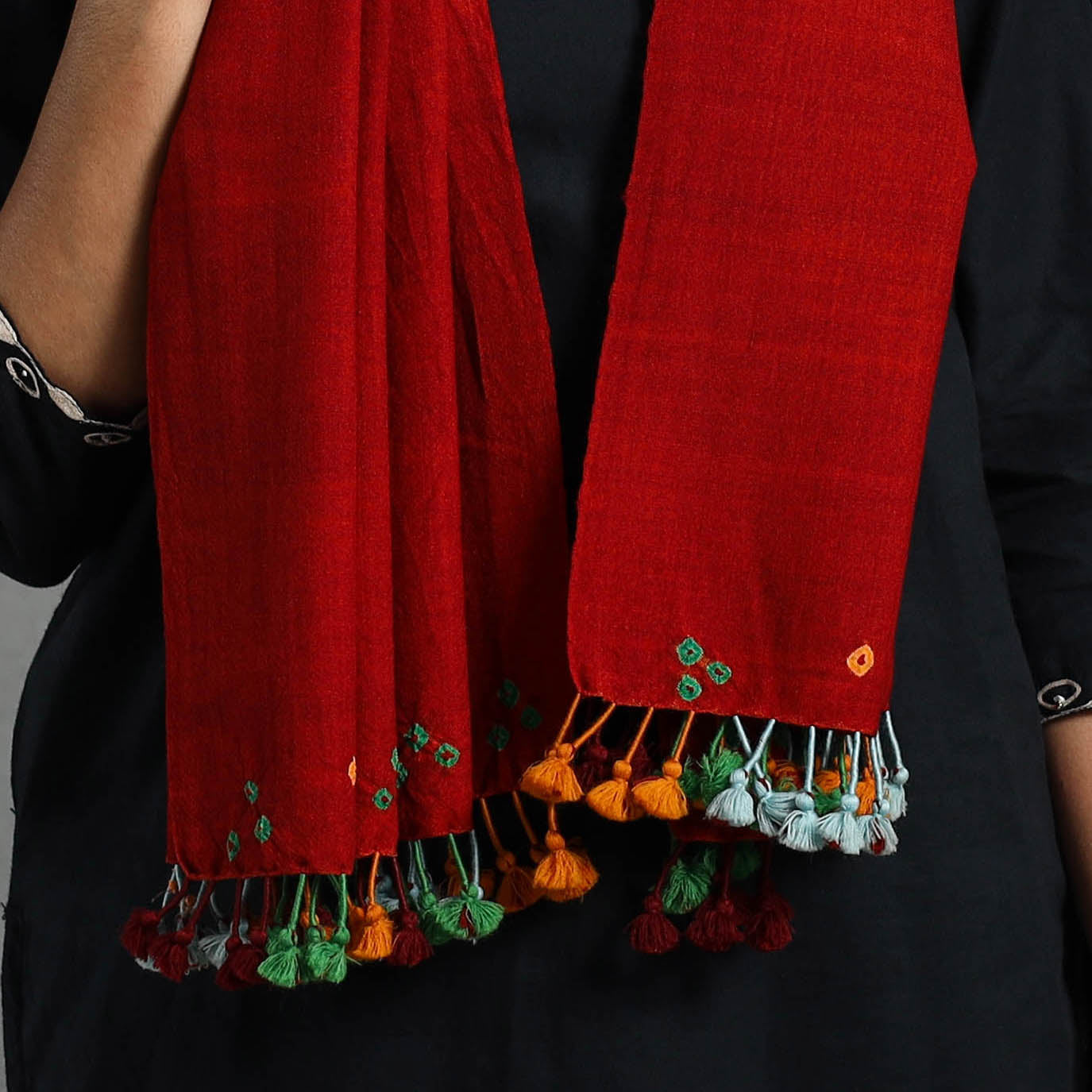 Red Kutch Handwoven Merino Wool Bandhani Stole 