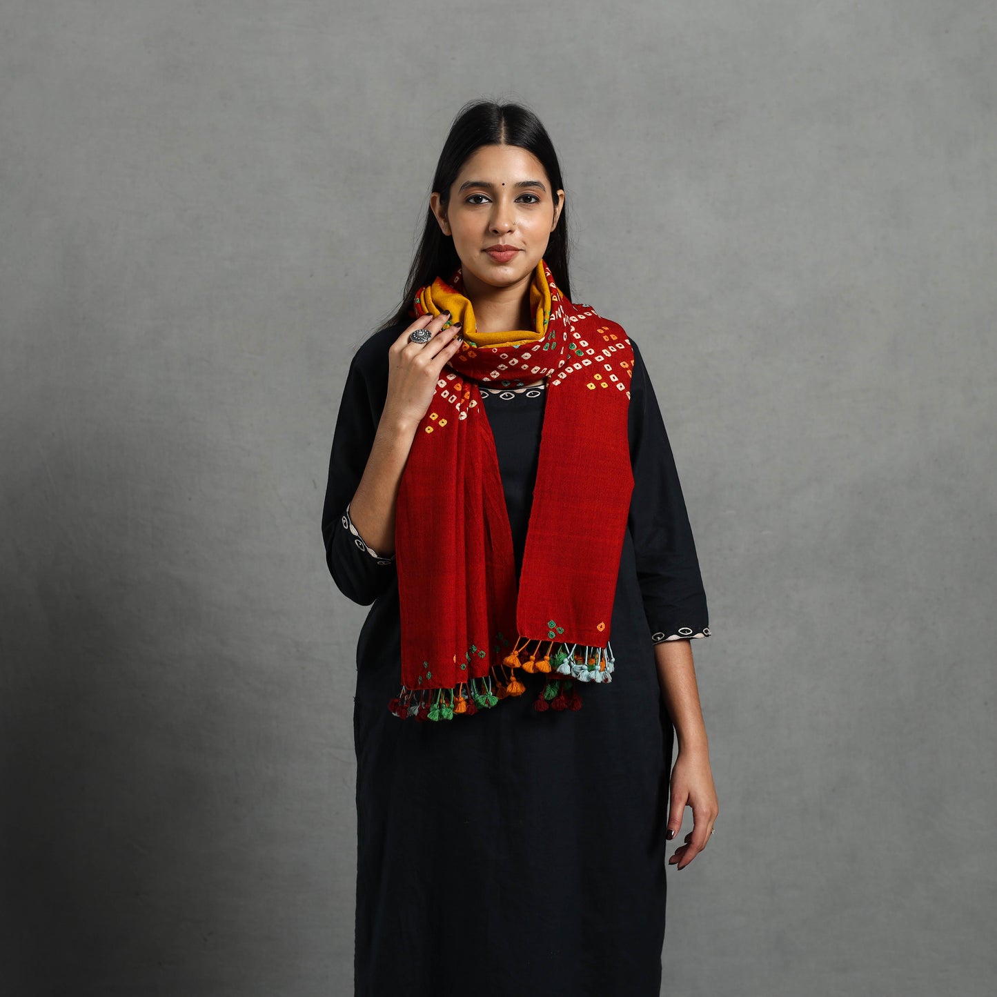  Red Kutch Handwoven Merino Wool Bandhani Stole 