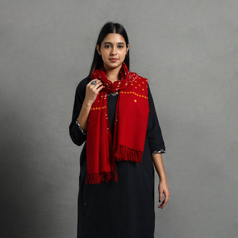  Red Kutch Handwoven Merino Wool Bandhani Stole Online