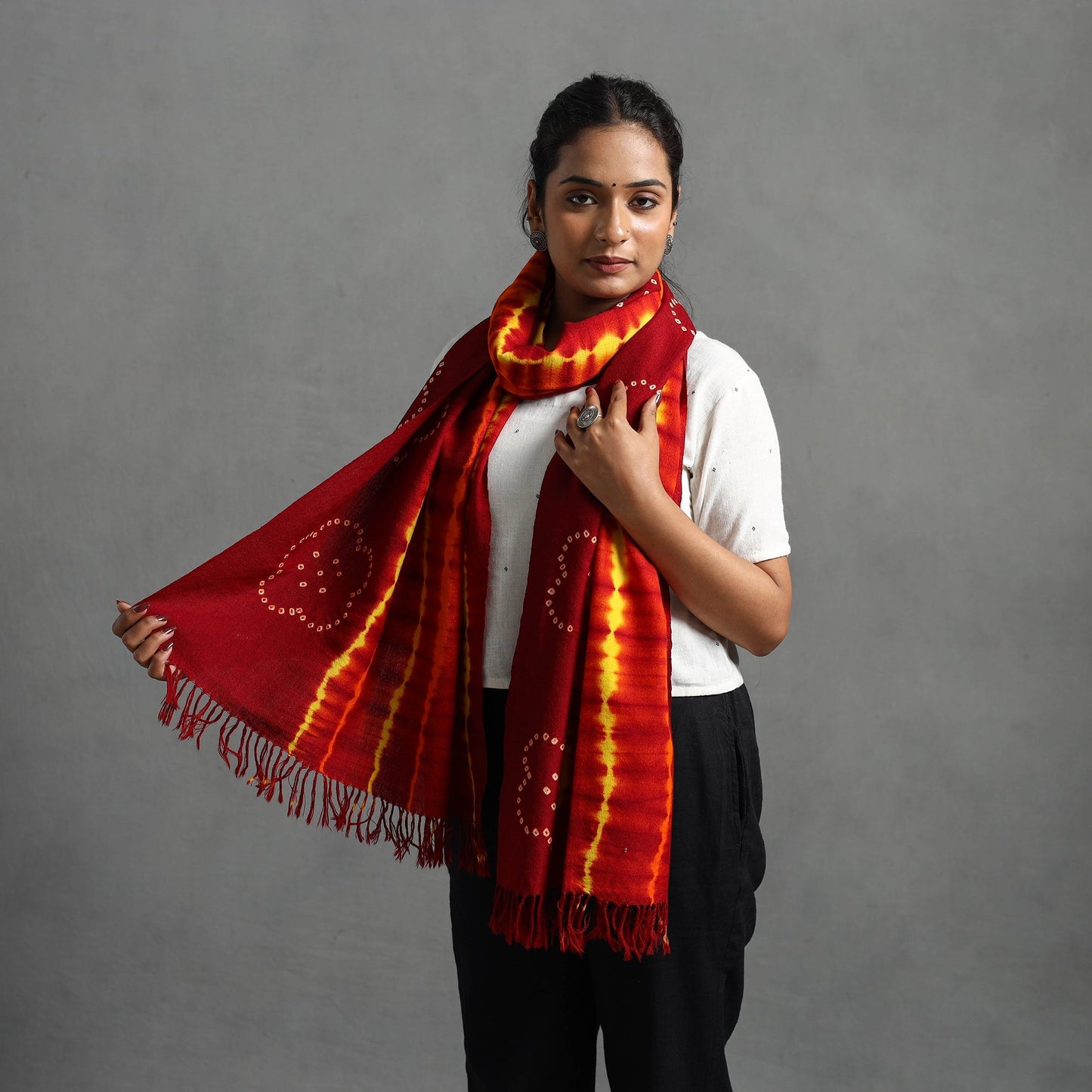 Red - kutch handwoven woolen shibori & bandhani stole 28