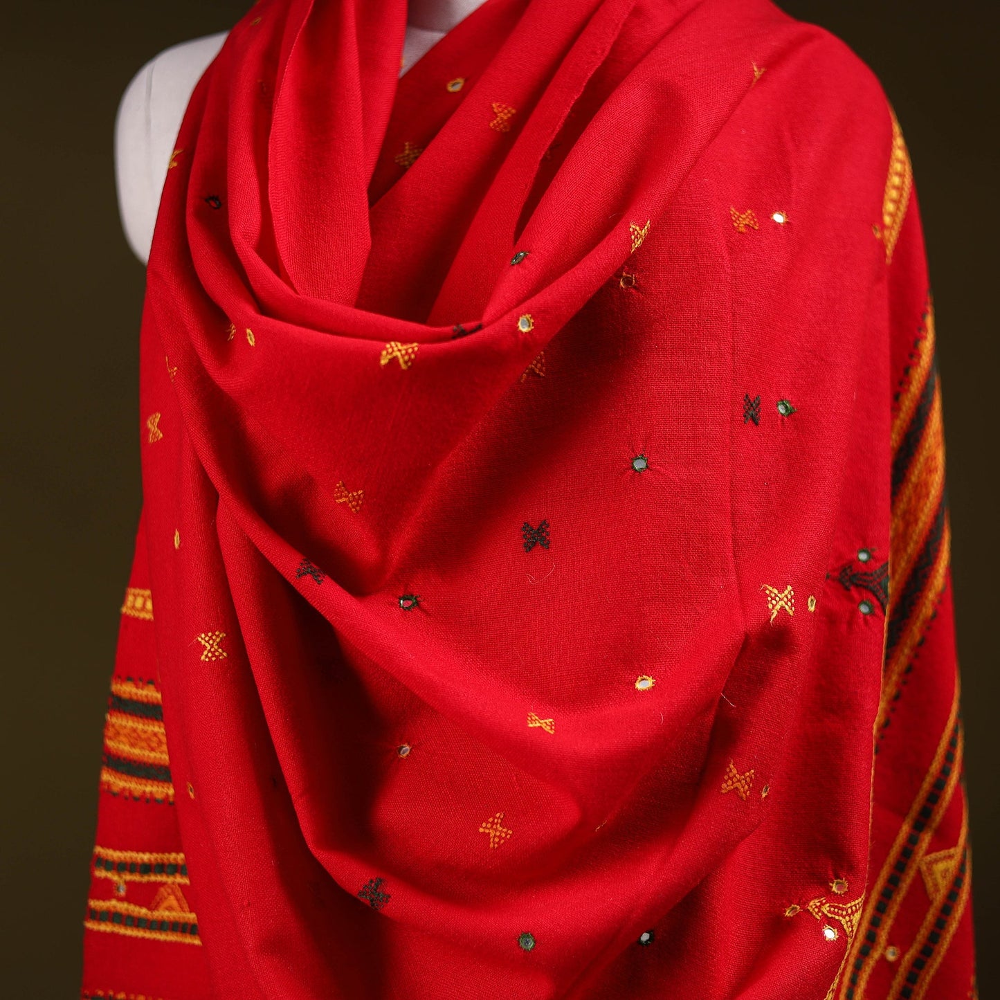 Red - kutch bhujodi handwoven mirror work acrylic wool