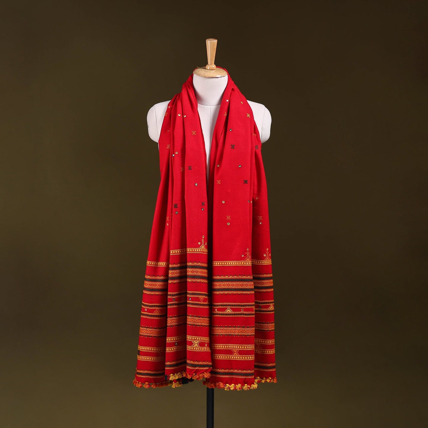 Red - kutch bhujodi handwoven mirror work acrylic wool