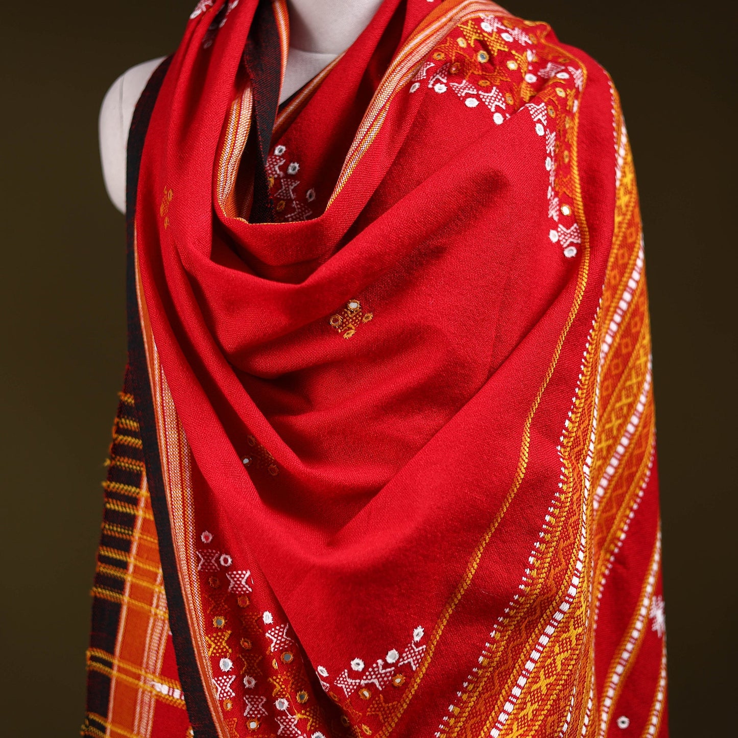 Red - kutch bhujodi handwoven mirror work acrylic wool