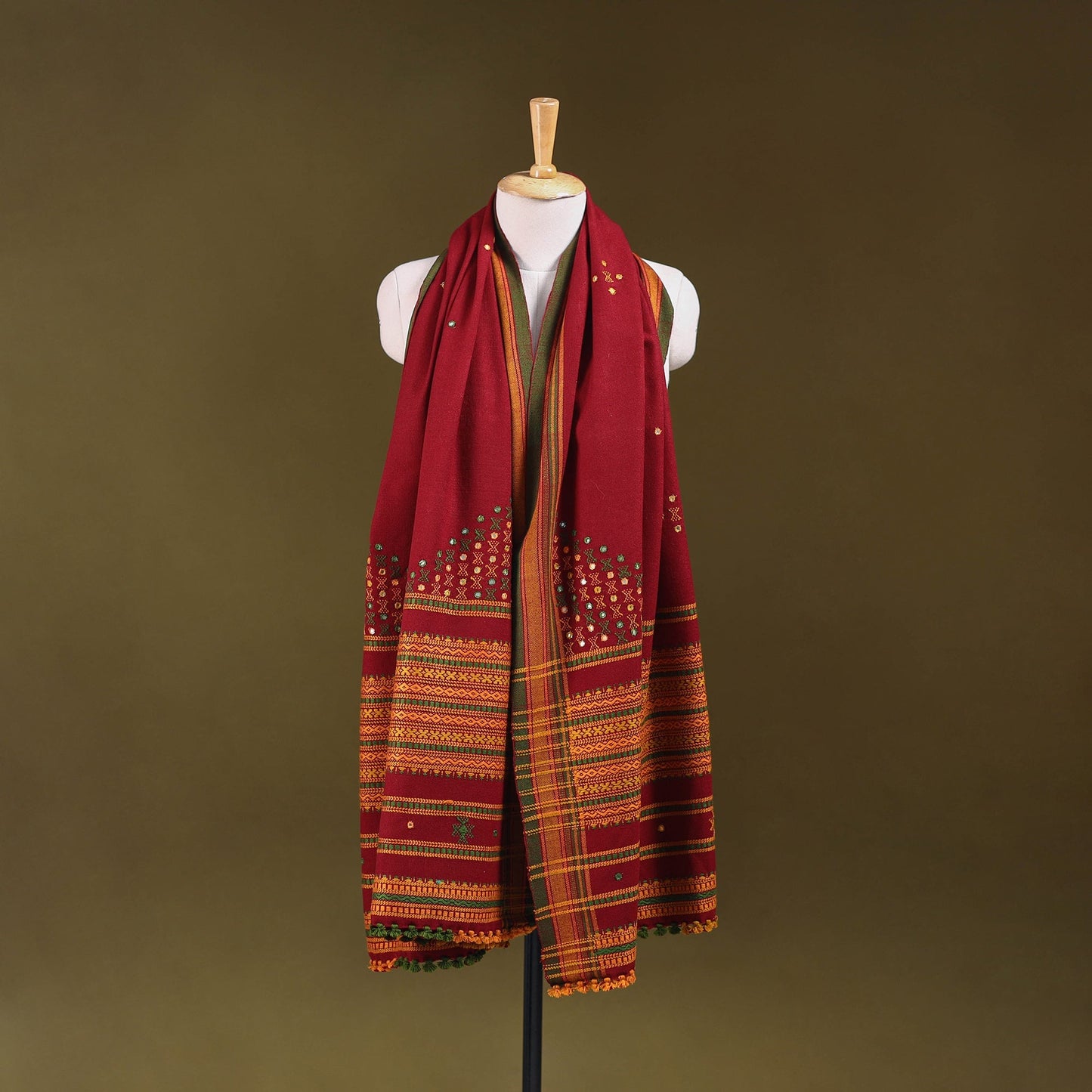 Red - kutch bhujodi handwoven mirror work acrylic wool