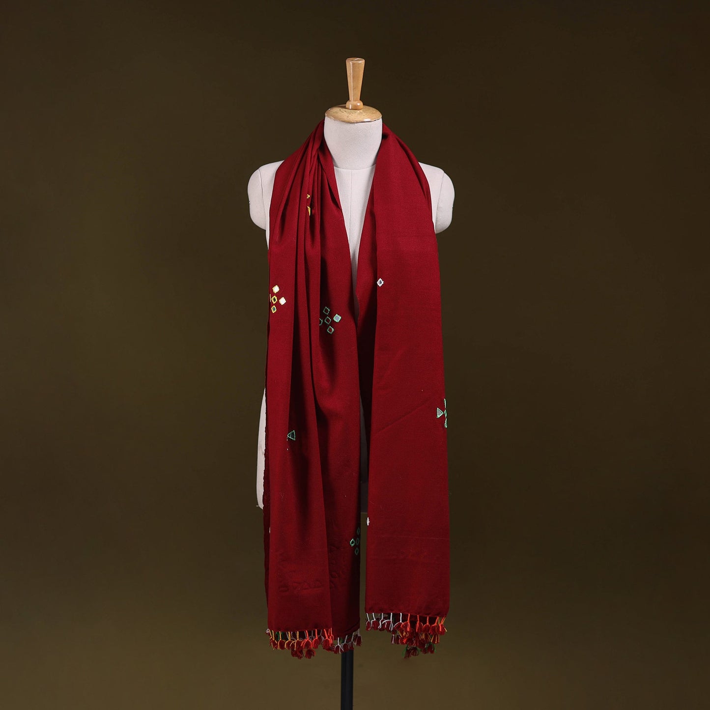 Red - kutch handwoven mirror work acrylic wool shawl 145