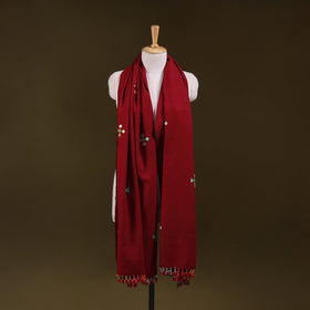 Red - kutch handwoven mirror work acrylic wool shawl 145