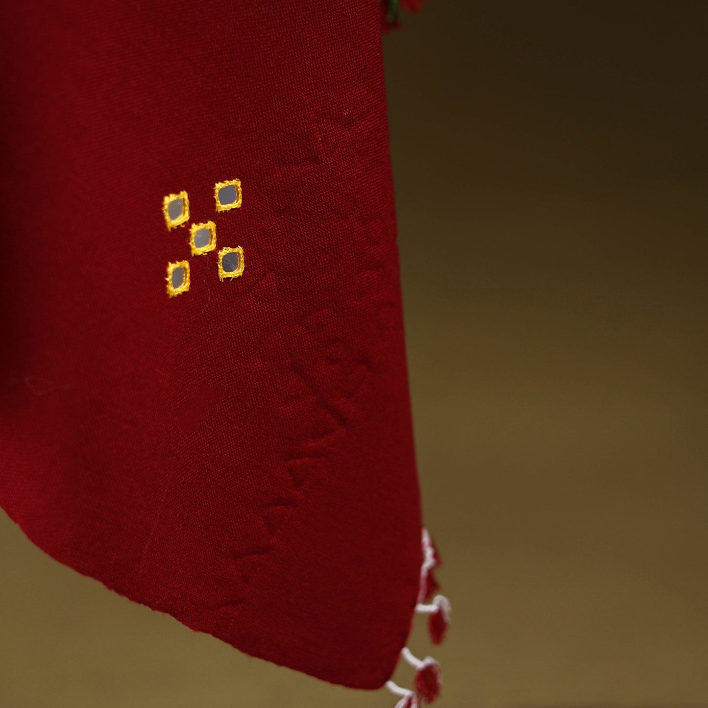 Red - kutch handwoven mirror work acrylic wool shawl 145