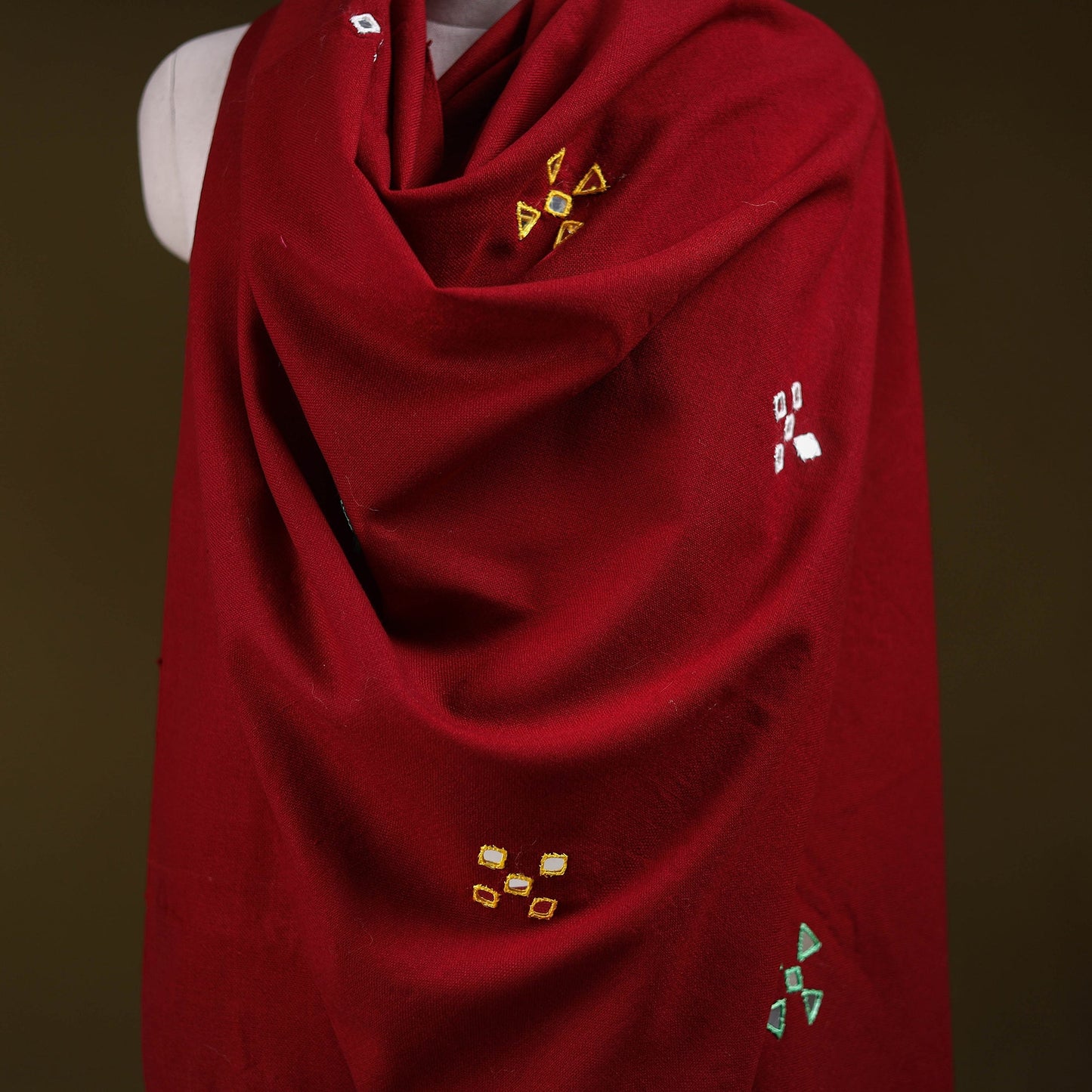 Red - kutch handwoven mirror work acrylic wool shawl 145